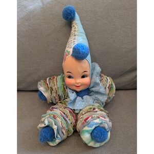 Vintage 70s Yo Yo Clown Baby Doll Blue Cloth Circles Plastic Face Pompoms 14''